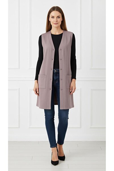 Kuraff Giyim Women's Mother Long Slim Buttoned Pocketed Combed Cotton Vest