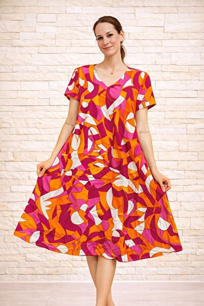 AGORATEKSTİL Women's Viscose Fabric Verev Cut Patterned Dress Standard Size 4...