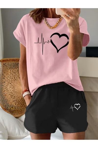 puolikuu Γυναικεία φόρμα oversized με ΣΟΡΤΣ, μπλουζάκι με στάμπα καρδιάς - ΣΟΡΤΣ