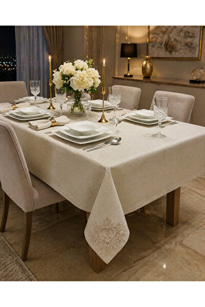 Zeren Home Çeyizlik Lotus Dantel Detaylı Masa Örtüsü Takımı – Runner + 12 Peç...