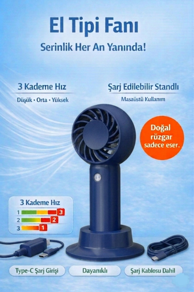 JASPER Taşınabilir Standlı Serinletici Fan 3 Hız Ayarlı , TYP-C Şarjlı Fan Ma...