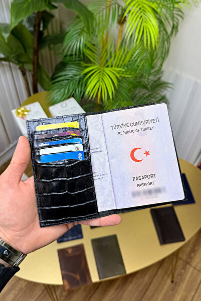 CüzCan İsme Özel Croco Siyah Hakiki Deri Pasaport Kılıfı ve Kartlık - Erkek/K...