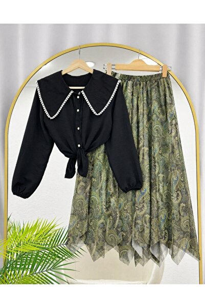MODA VEDAT Γυναικείο πουκάμισο με γιακά φιόγκο - Σετ με ασύμμετρη φούστα με σ...