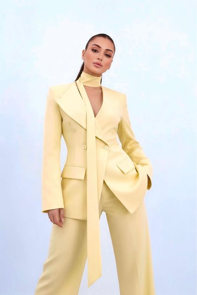 ossons Halter Neck Premium Butter Yellow Double-Breasted Jacket Suit