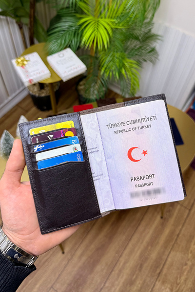 CüzCan İsme Özel Kahverengi Hakiki Deri Pasaport Kılıfı ve Kartlık - Erkek/Ka...