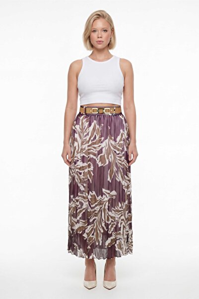 EXİTLİNE Women's Burgundy Summer Belted Patterned Skirt