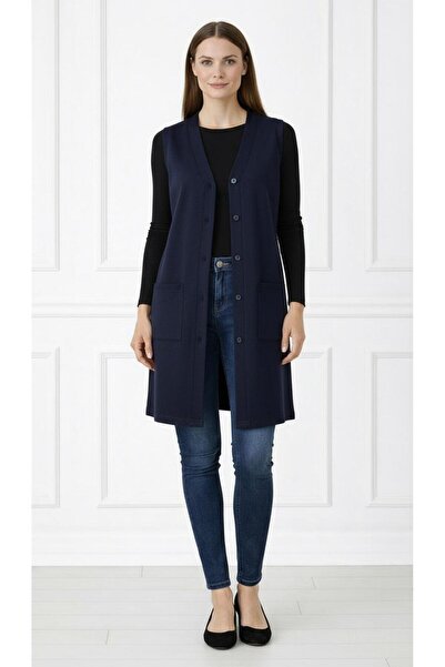 Kuraff Giyim Women's Mother Long Slim Buttoned Pocketed Combed Cotton Vest