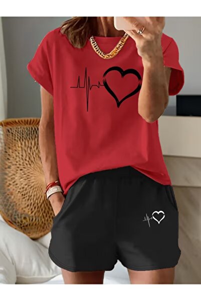 puolikuu Γυναικεία φόρμα oversized με ΣΟΡΤΣ, μπλουζάκι με στάμπα καρδιάς - ΣΟΡΤΣ