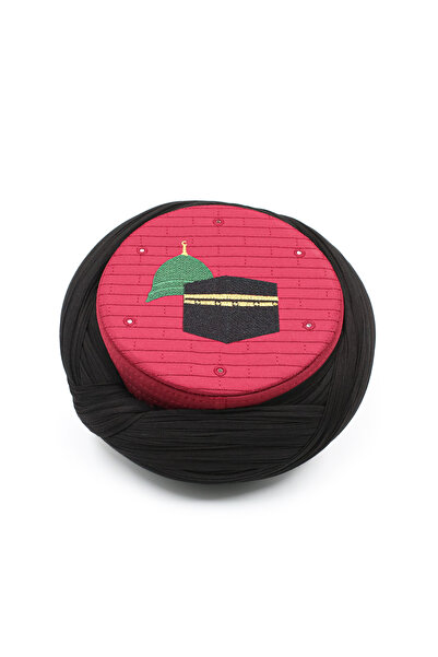 Sarıkhane Hajj Umrah Sarige - Black Fabric - Burgundy Skullcap - Crossed Wrap...