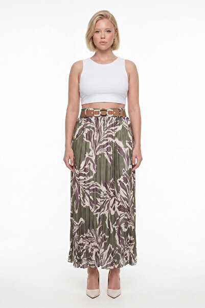 EXİTLİNE Women's Green Summer Belted Patterned Skirt