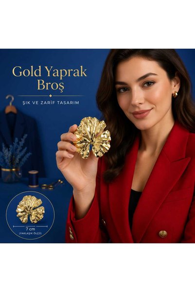 beyna aksesuar YAPRAK GOLD KAPLAMALI METAL 7 CM İĞNELİ BROŞ
