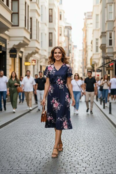 Mossta Κοντομάνικο Φόρεμα Μίντι με Σχέδια από Μονό Ύφασμα - Ναυτικό Μπλε