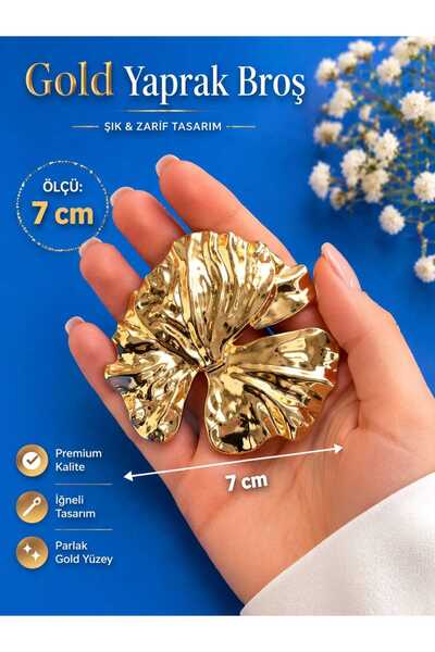 beyna aksesuar YAPRAK GOLD KAPLAMALI METAL 7 CM İĞNELİ BROŞ