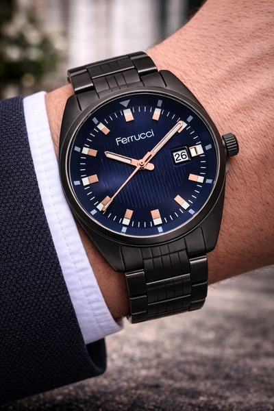 Ferrucci Men's Wristwatch, Stylish Metallic Case, Navy Blue Dial, Suitable fo...