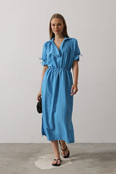 Lusin Γυναικείο καλοκαιρινό μίντι φόρεμα με μπλε επένδυση, ελαστική μέση και ...