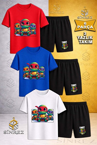 SİNREZ Tricou cu gât rotund imprimat pentru copii NINJA KAPLUMBAGA 3LU IN SQU...
