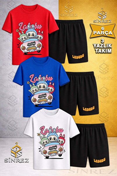 SİNREZ Children's Labbu 3Lu Arabada Printed Crew Neck 3-Piece T-Shirt - Short...