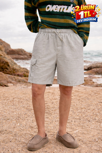 DAMGA JEANS Ανδρικό σορτς από λινό πέτρινο ύφασμα με χαμηλή μέση γραμμή και τ...