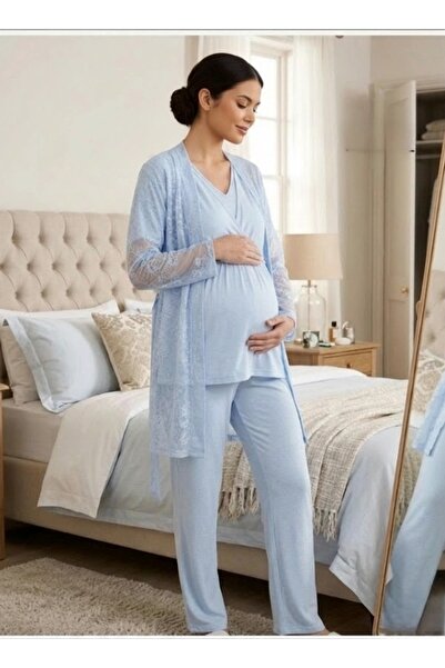 Lohusa Dünyasi Kadın Mavi Dantelli 3'Lü Sabahlıklı Lohusa Hamile Pijama Takım...