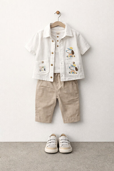 Tifina Kids Baby Boy 3-Piece Set Printed Muslin Shirt Buttoned T-Shirt Trouse...