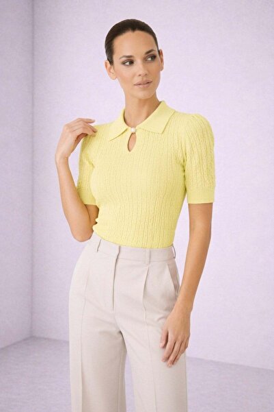 Ferraro Women's Yellow Polo Collar Buttoned Short Sleeve Viscose Cotton Knitw...