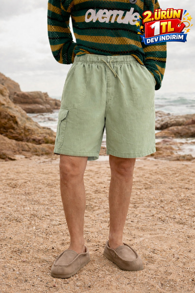 DAMGA JEANS Ανδρικό λινό σορτς χαμηλής μέσης Premium με τσέπες Cargo σε πράσι...