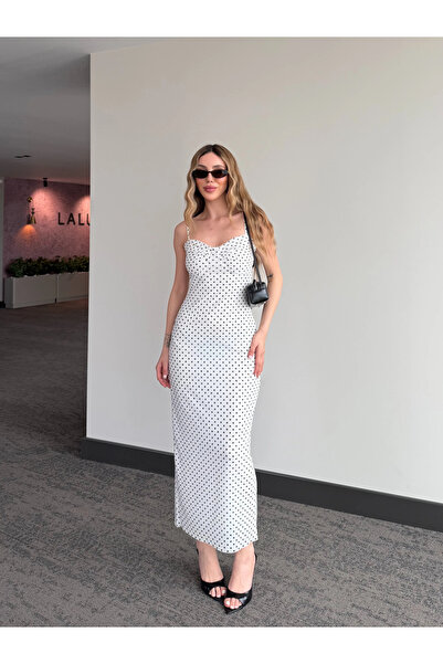 Laluvia Λευκό Φόρεμα με Κορδόνια και Πουά - 5091