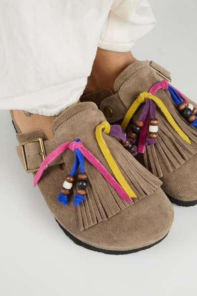 Manijero Poelman Women's Genuine Leather Tasseled Bead Detailed Sabo Mink Slippers