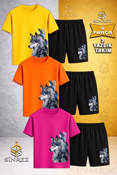 SİNREZ Tricou din 3 piese cu imprimeu WOLF GREY YANDA TUYLER pentru copii - S...