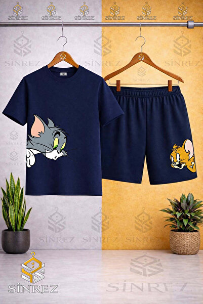 SİNREZ Çocuk KEDI FARE TM JRY KAFALAR YANDA Özel Baskılı Bisiklet Yaka Tişört...