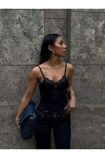 Friday Mood Women's Strappy Lace Detailed Transparent Blouse