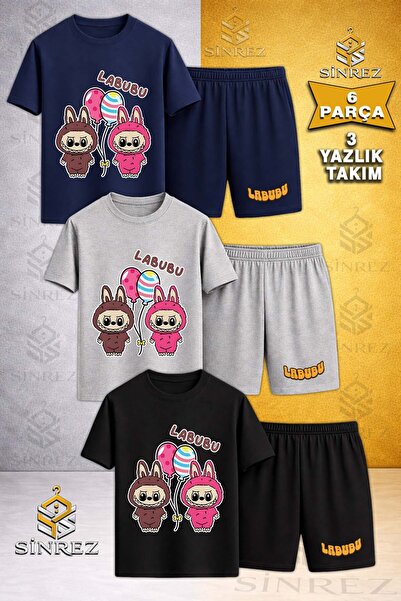 SİNREZ Children's Labubu 2Li Balloon Printed Crew Neck 3-Piece T-Shirt - Shor...