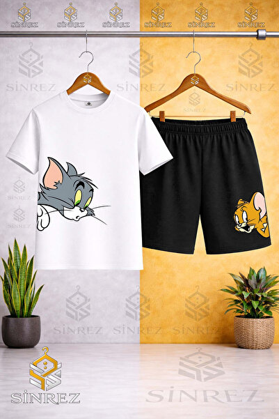 SİNREZ Çocuk KEDI FARE TM JRY KAFALAR YANDA Özel Baskılı Bisiklet Yaka Tişört...