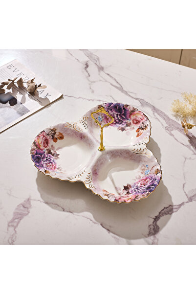 Malooki Πορσελάνινη πιατέλα τριών τμημάτων, με vintage floral σχέδιο, χρυσή λαβή
