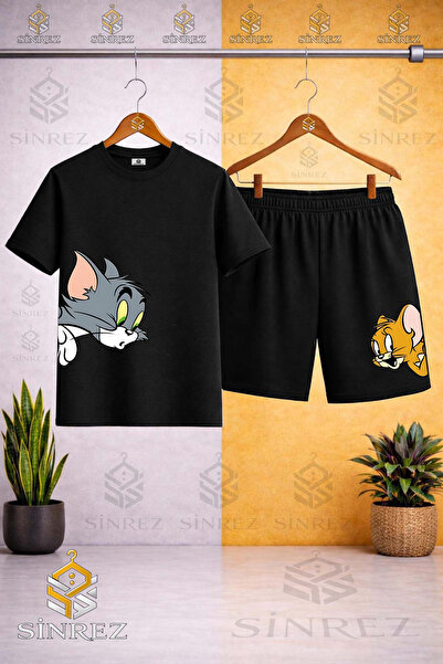 SİNREZ Çocuk KEDI FARE TM JRY KAFALAR YANDA Özel Baskılı Bisiklet Yaka Tişört...