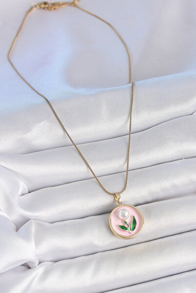 Hobibahçem 316L Steel Gold Color Chain Pink Enamel Pearl Flower Embroidered P...