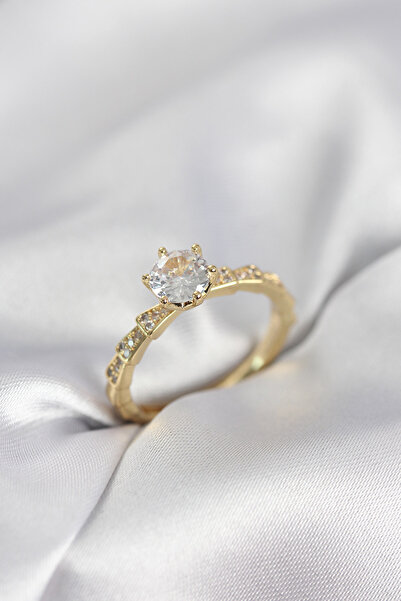 Beta Moda Hub Gold Color Zircon Stone Single Stone Model Women's Ring