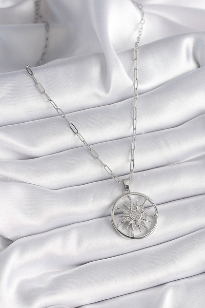 Hobibahçem 316L Steel Silver Color Zircon Stone Sun Locket Model Women's Neck...