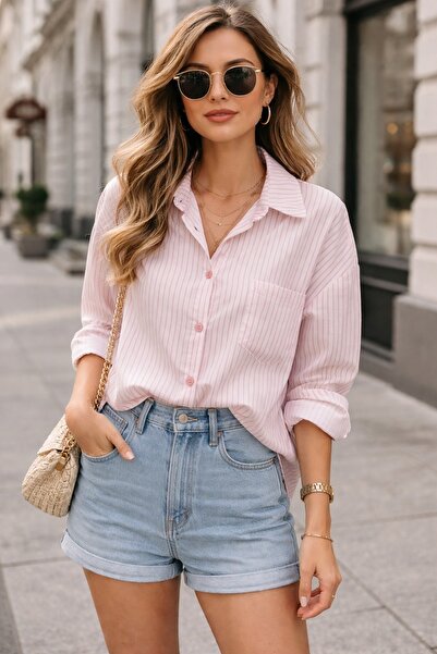 Butik Moda Kadın Oversize Çizgili Katlanabilir Kollu Gömlek