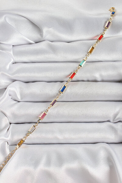 Hobibahçem Brass Gold Color Mixed Color Square Zircon Stone Women's Bracelet
