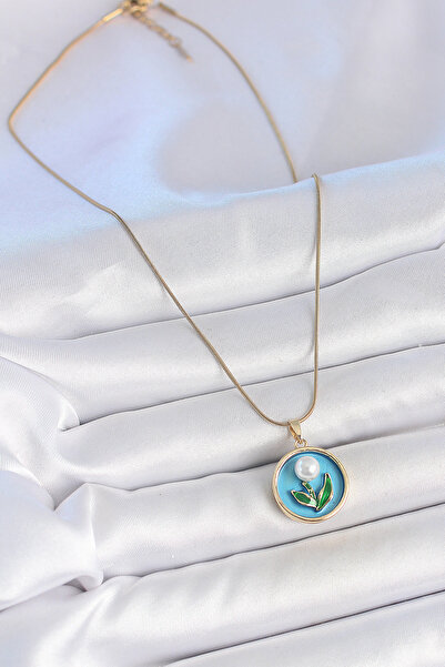 Generic Brand 316L Steel Gold Color Chain Blue Enamel Pearl Flower Embroidere...