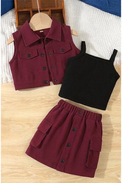 shop Bordo kız çocuk 2 li kombin yelek etek yazlık dokuma