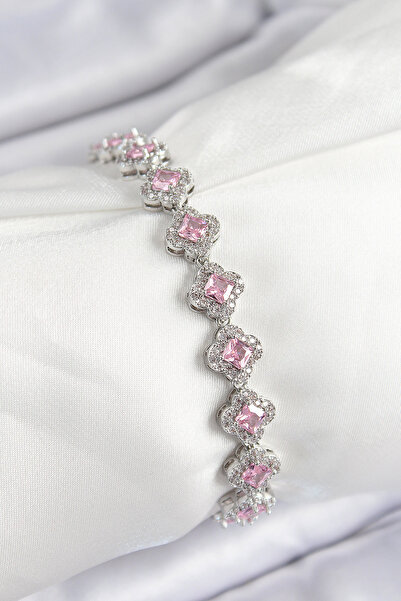 NY JOY Brass Zircon Stone Pink Clover Baguette Model Silver Color Vip Series ...