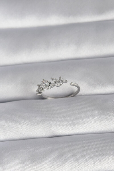 Beta Moda Hub Brass Silver Color Zircon Stone Flower Model Women's Ring