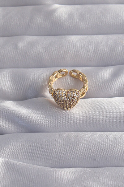 Hobibahçem Gold Color Zircon Stone Curved Heart Ring with Brass Adjustment