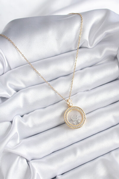 Hobibahçem 316L Steel Gold Color Zircon Stone Detail Moon Star Fanus Model Wo...