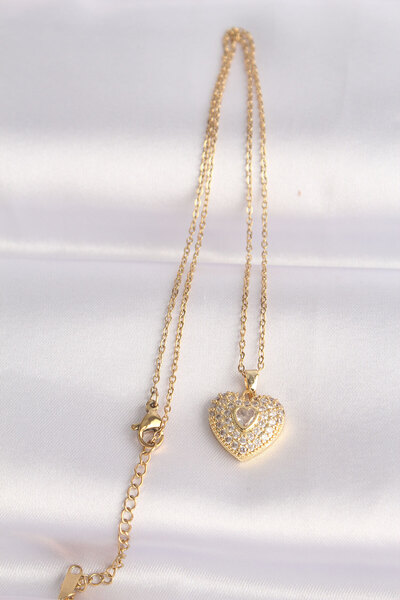 Hobibahçem 316L Steel Chain Gold Color Zircon Stone Heart Pendant