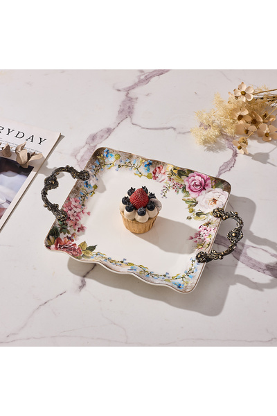 Malooki Πορσελάνινος δίσκος σερβιρίσματος με vintage φλοράλ σχέδιο, με μεταλλ...