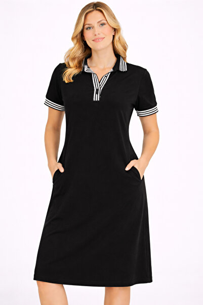 Şans Γυναικείο Μίντι Φόρεμα Μεγάλου Μεγέθους σε Μαύρο Χρώμα, με Λεπτομέρεια Ρ...