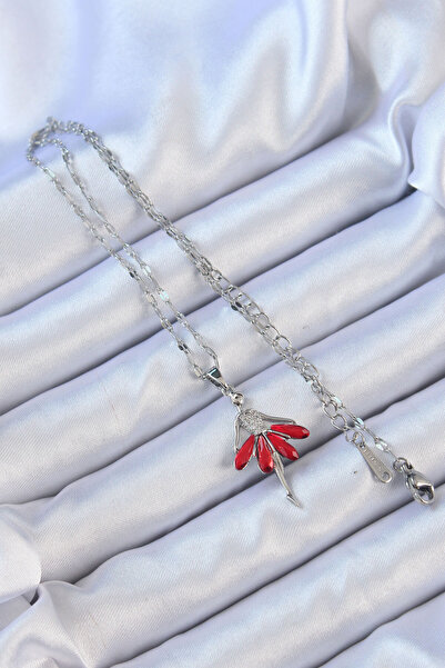 Hobibahçem 316L Steel Chain Silver Color Red Skirted Ballerina Necklace with ...